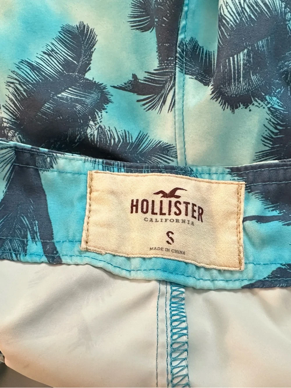 Hollister Teal & Navy Palm-Print Hybrid Swim Shorts